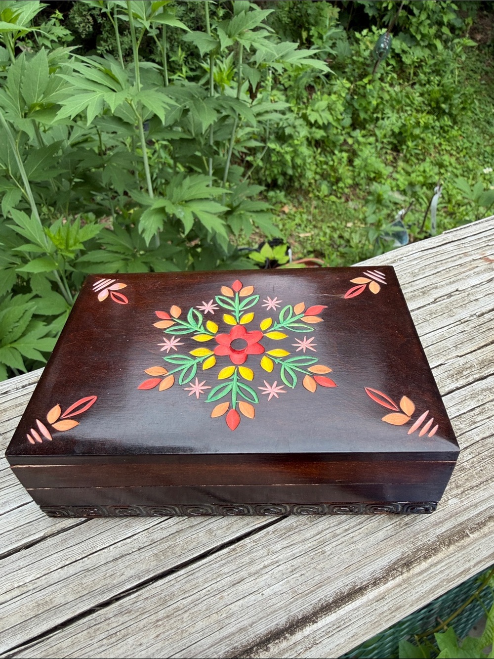 Hand Carved And Painted Wood Box Hinged Folk Art Poland Preowned 3.75” X 5.25”